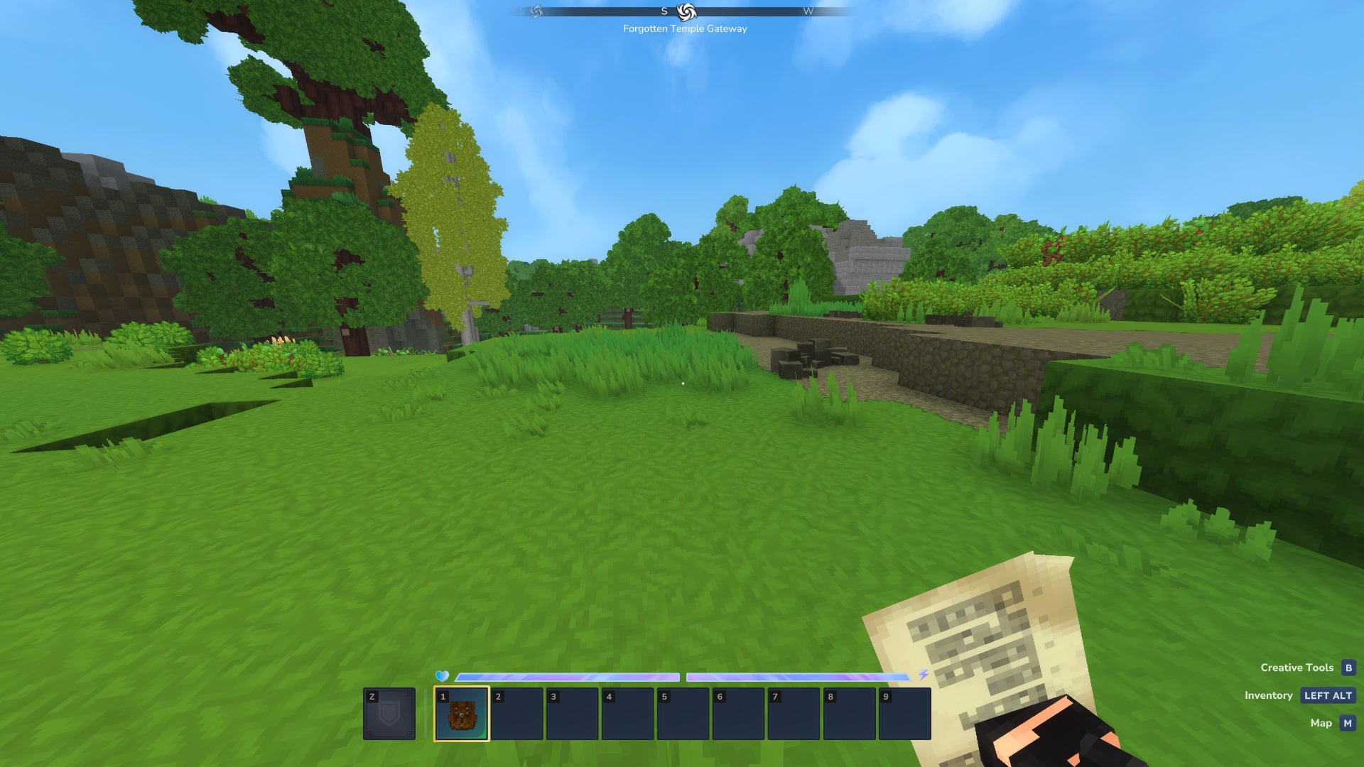 The player in Hytale stands in the middle of a grassy plains biome, holding an Unlock Backpack recipe in their hand which looks like a piece of parchment. - 4