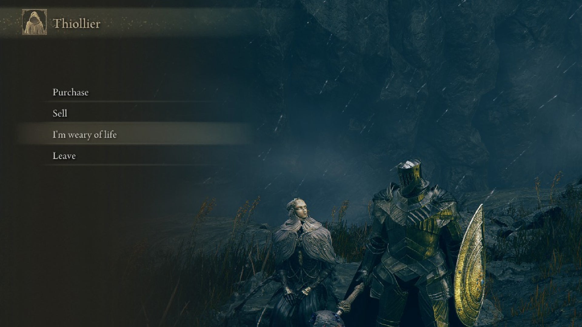 An image showing the &ldquo;I&rsquo;m weary of life&rdquo; option, which appears when you interact with Thiollier in Elden Ring: Shadow of the Erdtree.