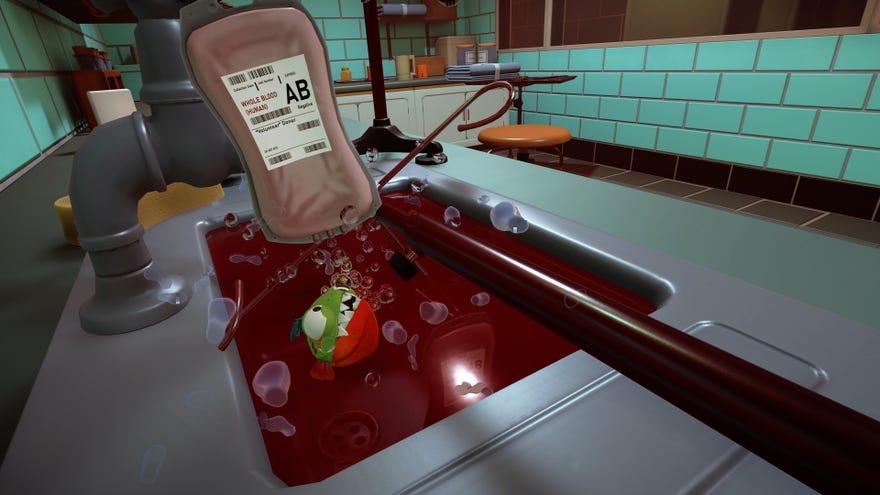 A piranha’s torn open a blood bag in I Am Fish.