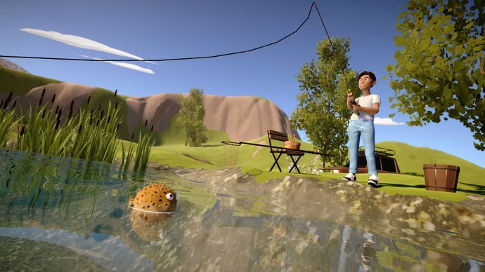 A puffer fish looks at someone fishing in I Am Fish.