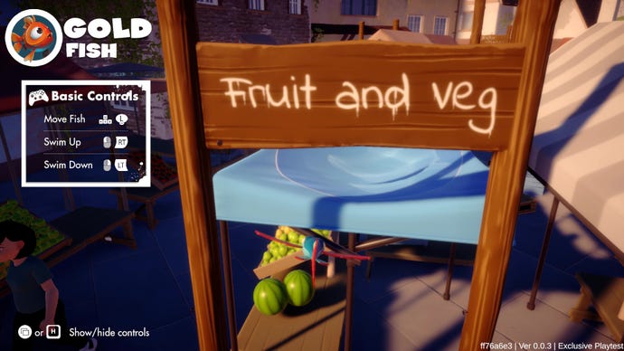 A flying fish attempts to glide under a “Fruit and Veg” sign in I Am Fish.