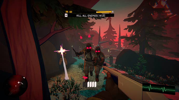 I Am Your Beast official image showing multiple soldiers running at you as you aim a sniper rifle at them, at night, against red sky