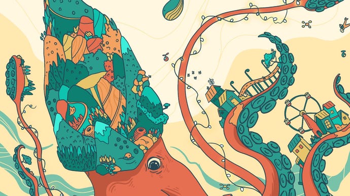 A giant, landscape-sized squid with a head covered in trees and hills in hidden item indie game I Commissioned Some Bees