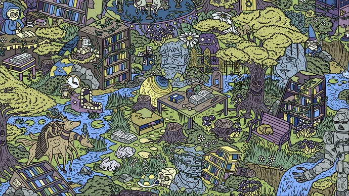 An illustration of a colourful fantasy land with winged deer, giant stone heads, skulls, and toadstools in an I Commissioned Some Bees 2 screenshot.