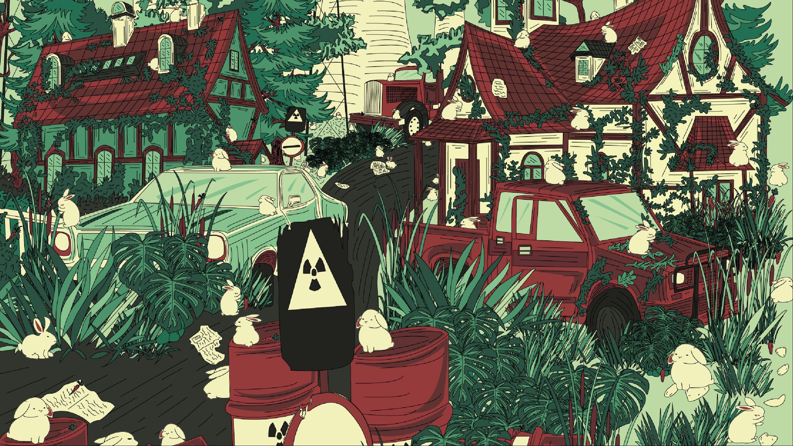 Rabbits across a cute town filled with nuclear waste in an I Commissioned Some Bunnies screenshot.