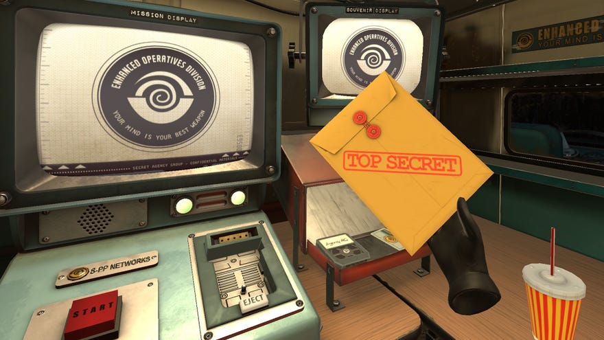 I Expect You To Die 2 - A player’s hand in VR holds a manilla envelope labeled “Top secret” while sitting at a desk with CRT screens that say “Enhanced Operatives Division”