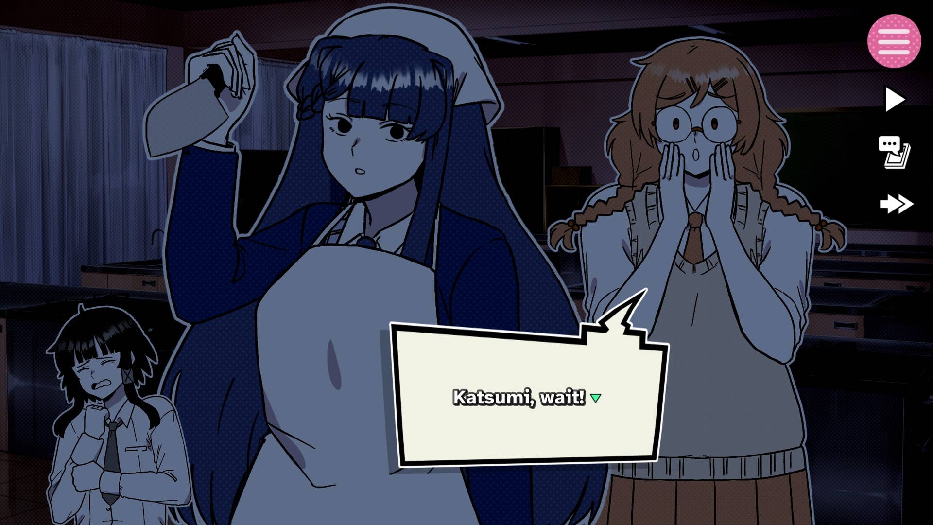 One girl wields a knife, raised as if to strike, while another shouts,