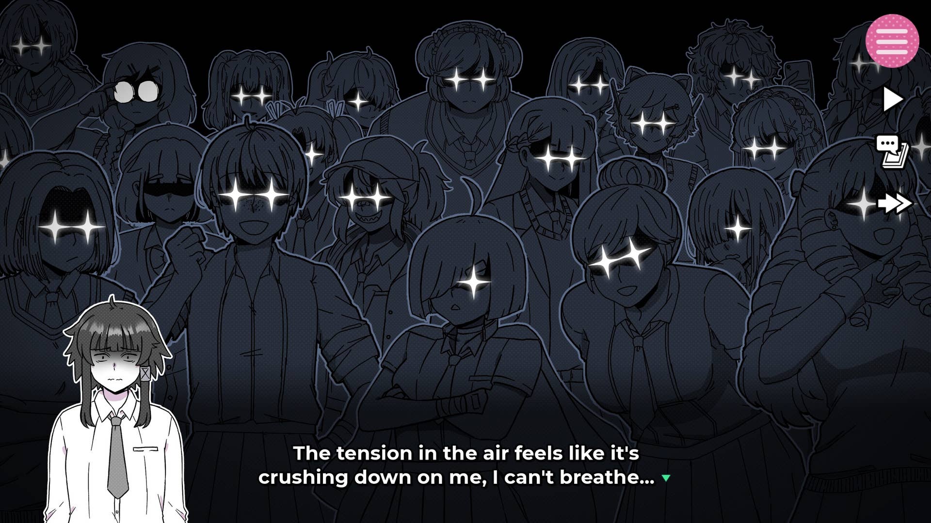 A crowd of people with stars in their eyes and huge grin stare towards the camera, as the protagonist expresses their stress in I Just Want to be Single!!