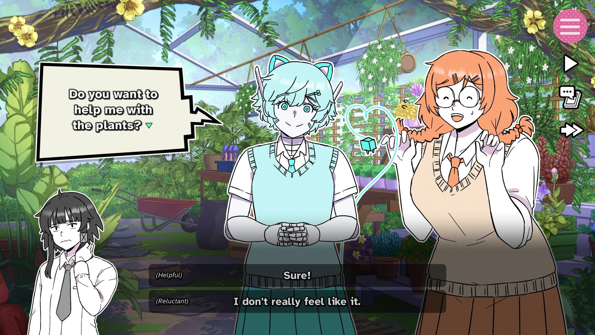 A girl asks if you want to help with the plants, while standing in a greenhouse, in I Just Want to be Single!! - 5