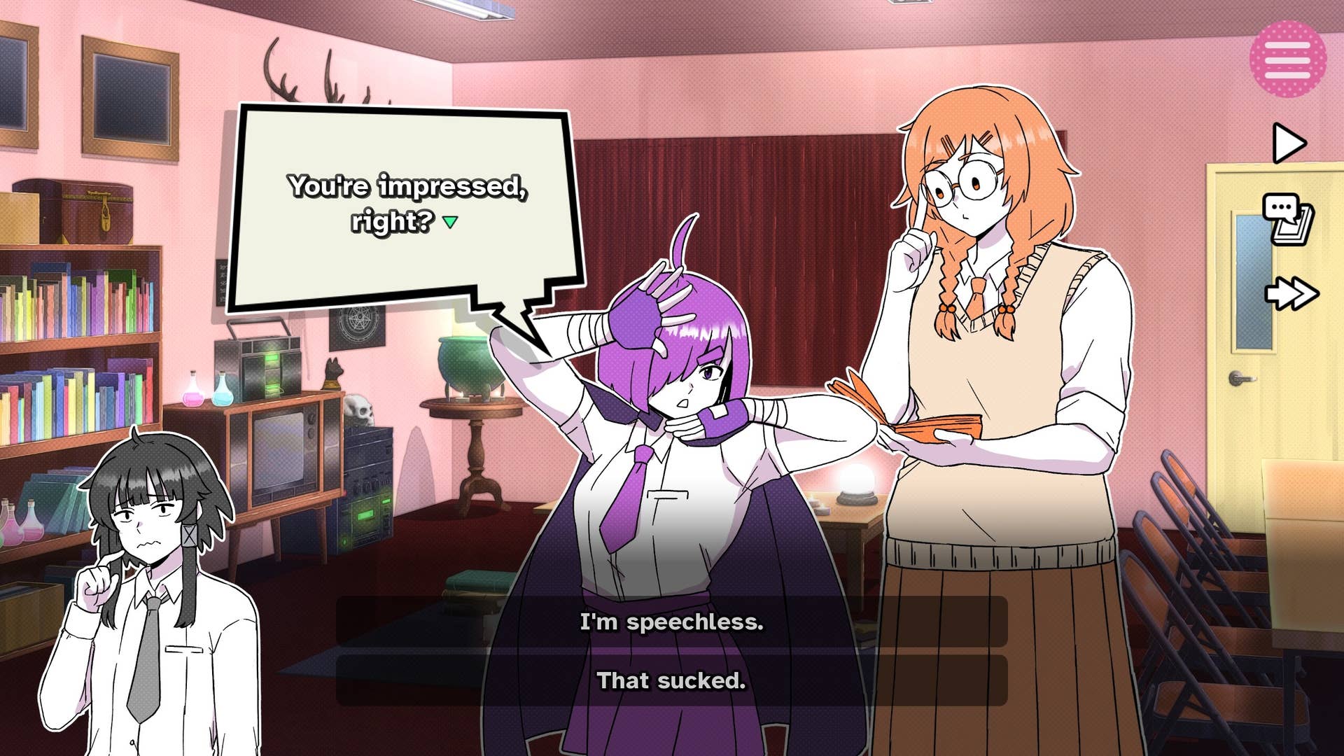 "You're impressed, right?" asks a purple-haired girl in a cape in I Just Want to be Single!!