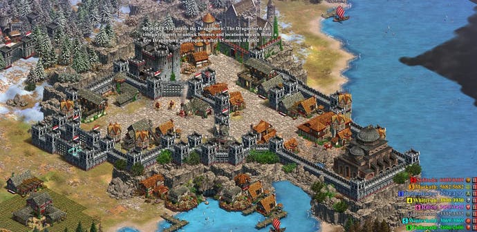 Screenshot of Skyrim's Solitude recreated in Age of Empires 2
