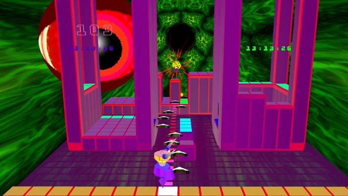 A psychedelic screenshot from Jeff Minter’s I, Robot showing a robot navigating a series of colourful platforms while a giant all-seeing eye looks on between several purple pillars.