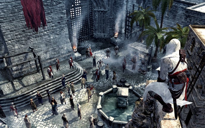 An assassin successful a achromatic hood looking retired from a ledge implicit a metropolis assemblage successful Assassin's Creed