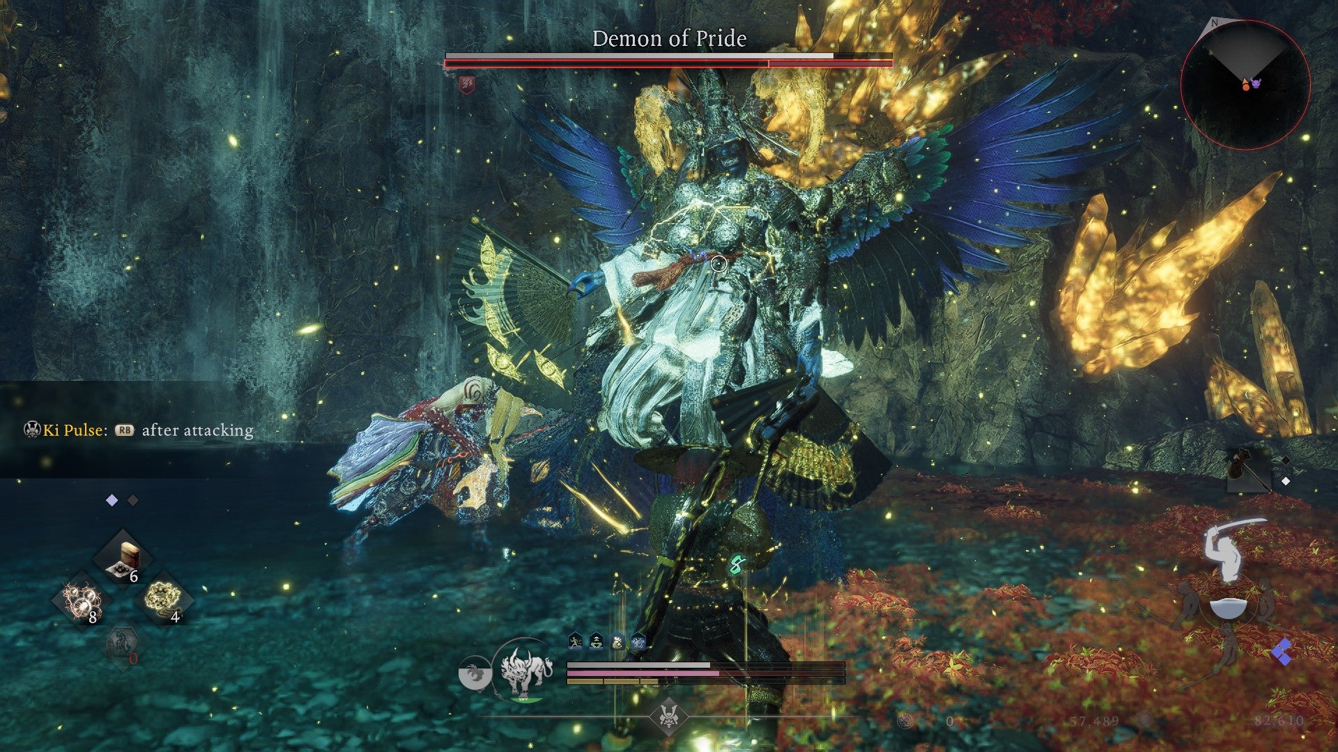 Summoning Ibaraki Doji to attack the Demon of Pride with lightning magic in Nioh 3. - 6