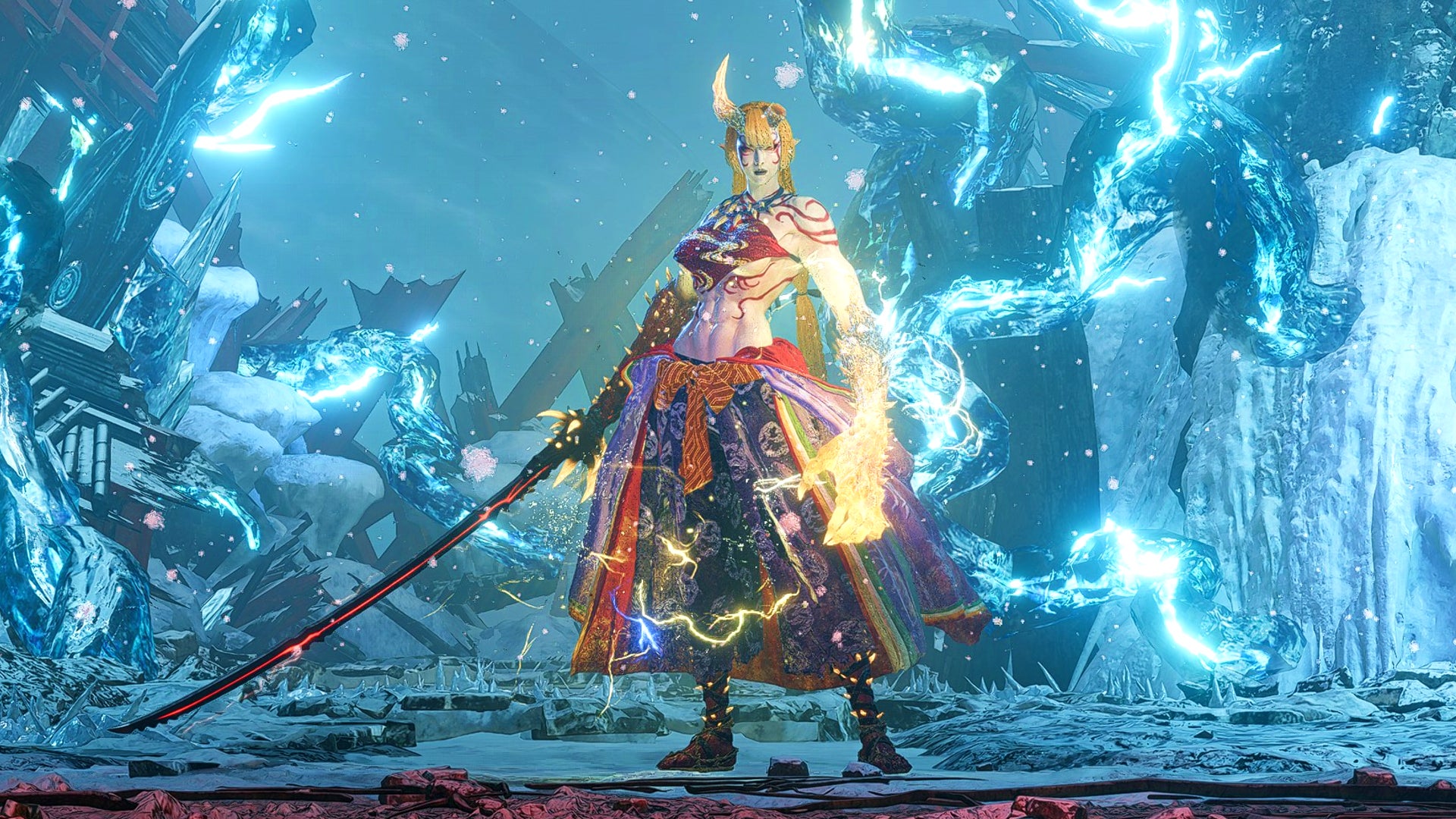 Ibaraki Doji, a musclebound female oni boss in Nioh 3 with a large katana and a crackling lightning arm. - 1