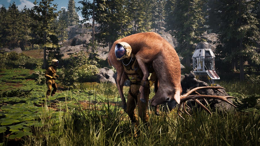 A spaceman hauls a deer over his shoulder in Icarus