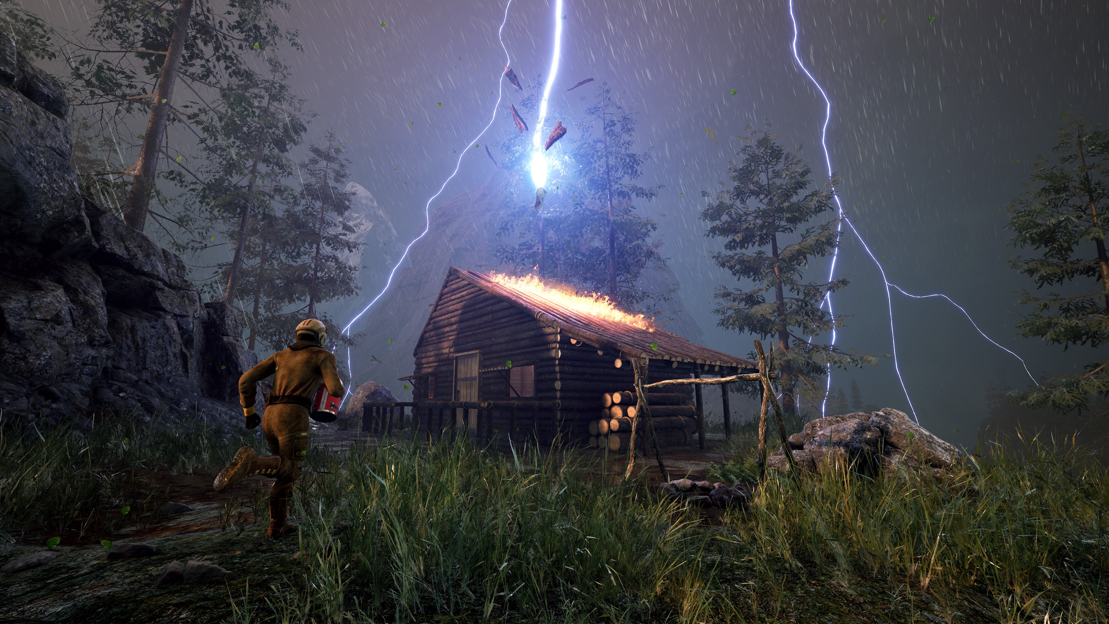 Icarus - a player in a yellow space suit runs towards a log cabin that&rsquo;s being strike by lightning during a storm in a forest.
