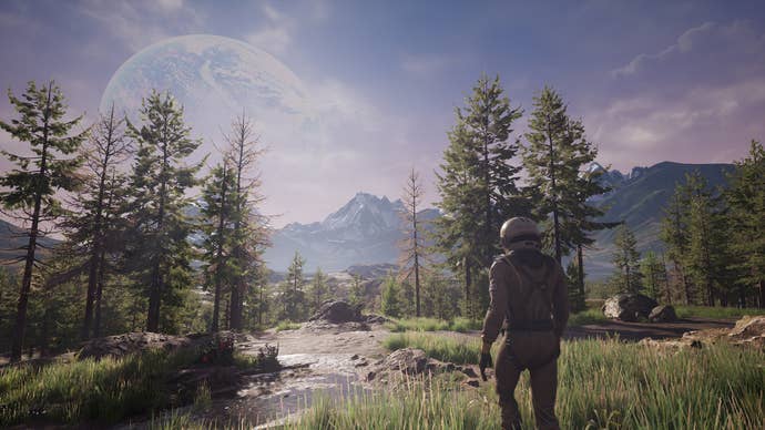 A idiosyncratic successful a spacesuit successful a lush looking foresty, mountainous area, a satellite hanging successful the entity successful Icarus.