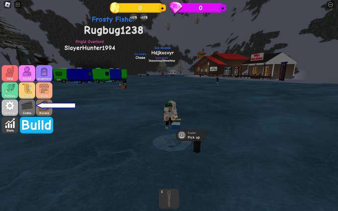 A screenshot of Ice Fishing Simulator in Roblox showing the game’s codes button.