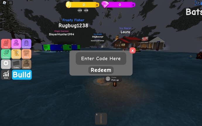 A screenshot of Ice Fishing Simulator in Roblox showing the game’s codes screen.