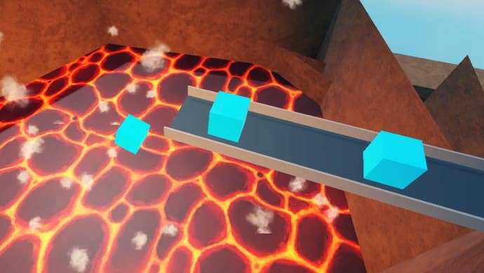 Artwork for the Roblox game Ice Tycoon, showing blocks of ice being dropped into a pool of lava.