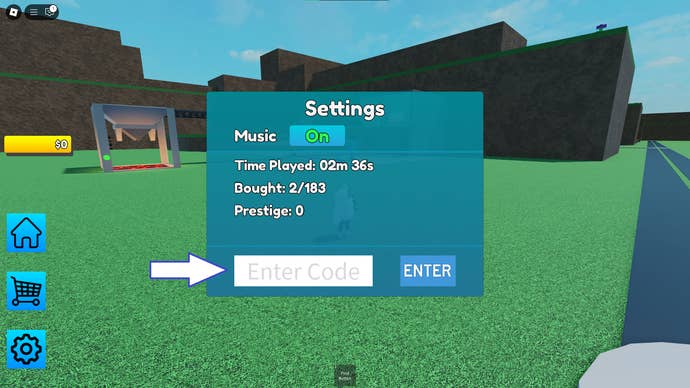 A screenshot of Ice Tycoon in Roblox showing the game's code field.