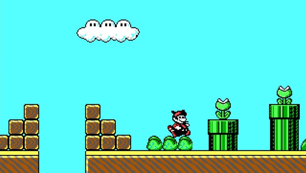 Id Software&rsquo;s unreleased demo for a Mario 3 PC port - Mario jumps in the air near a warp pipe with a piranha plant in it.