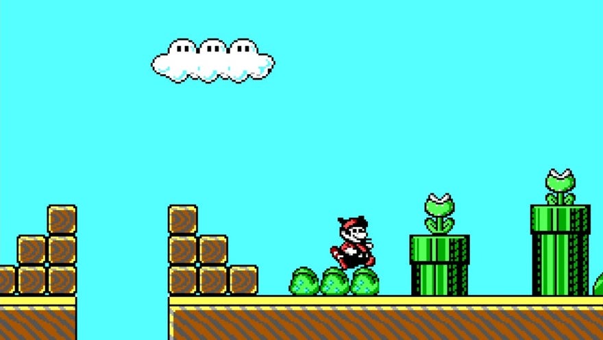 Id Software’s unreleased demo for a Mario 3 PC port - Mario jumps in the air near a warp pipe with a piranha plant in it.