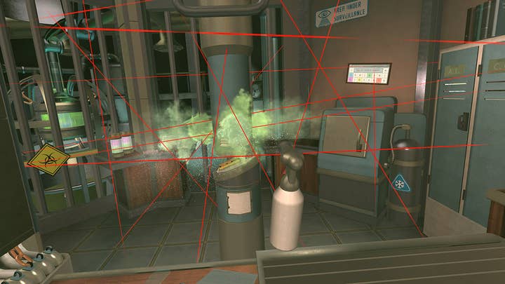 I Expect You To Die screenshot showing a first-person view of a room full of lasers and the player holding up (in VR) a spray can of some kind and spraying the field of lasers