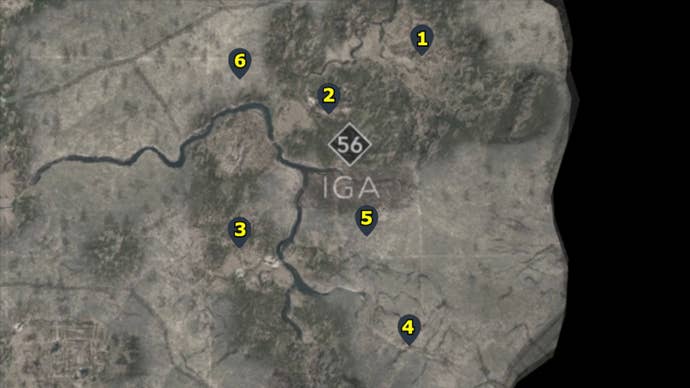 A map with pointers showing all of the Kakurega in the Iga region of Assassin’s Creed Shadows.