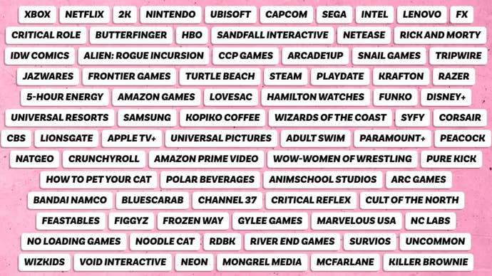 Una lista de asistentes de IGN Live 2025 como texto negro sobre rectángulos redondeados blancos, establecidos contra un fondo de textura rosa.