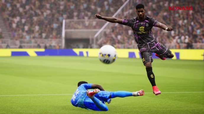 Two footballers dive and jump for the ball in Konami’s eFootball
