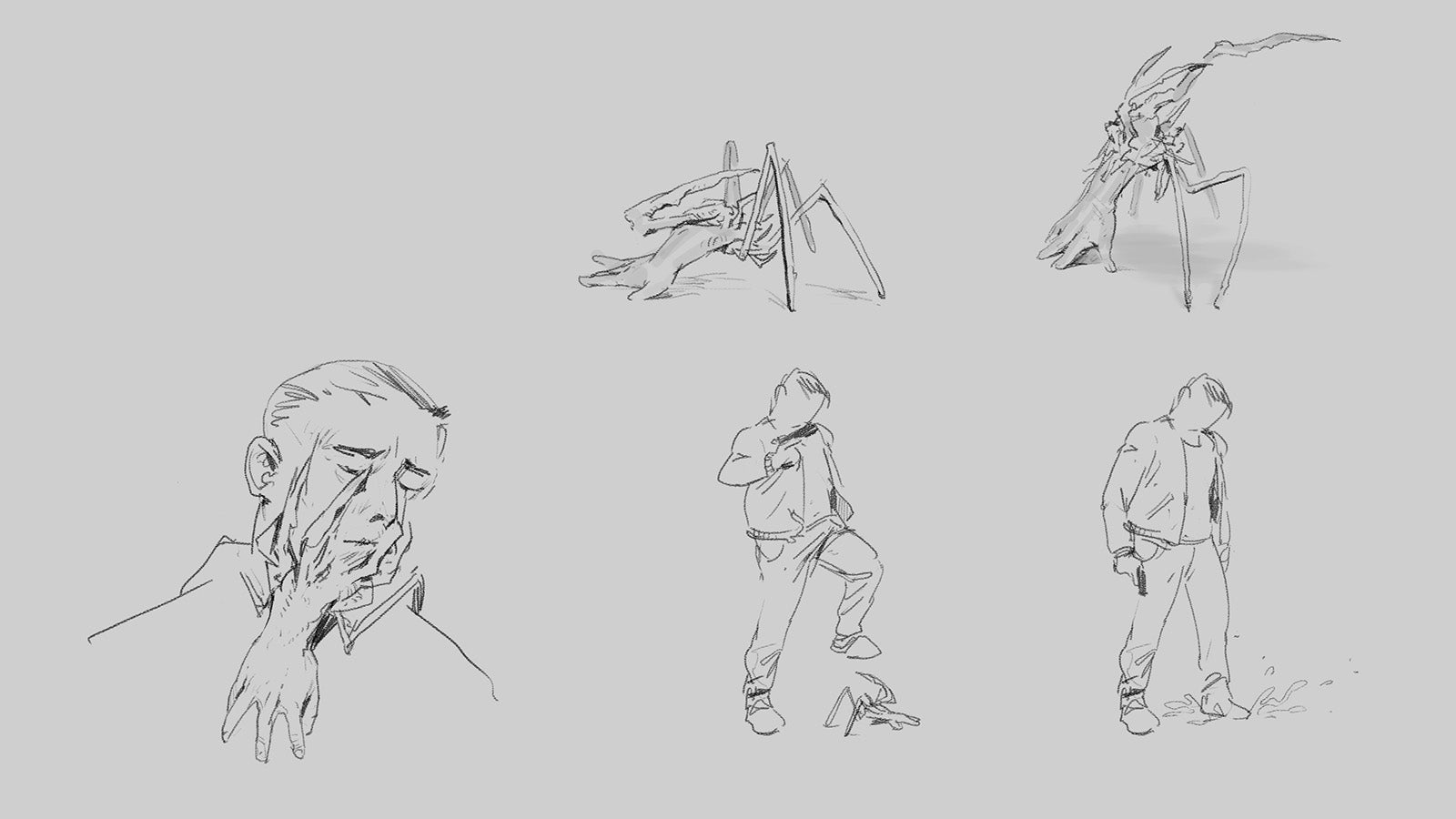 A page of pencil sketched drawings of a man with a gun being attacked by a hand- and spider-like enemy.