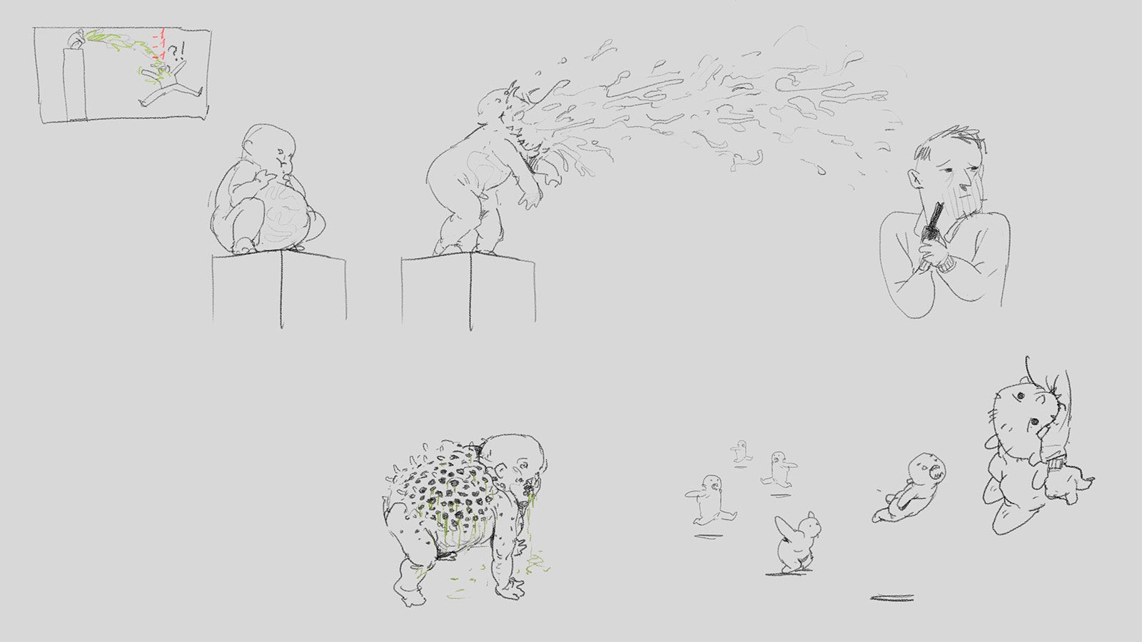 A page of pencil sketched drawings of a monstrous baby exploding and leaping on enemies.