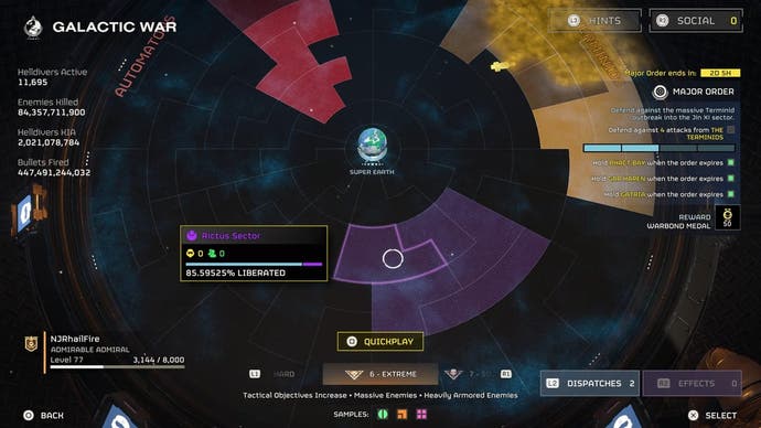 Peta Perang Galaksi Helldivers 2 menunjukkan sekelompok sektor ungu yang misterius.