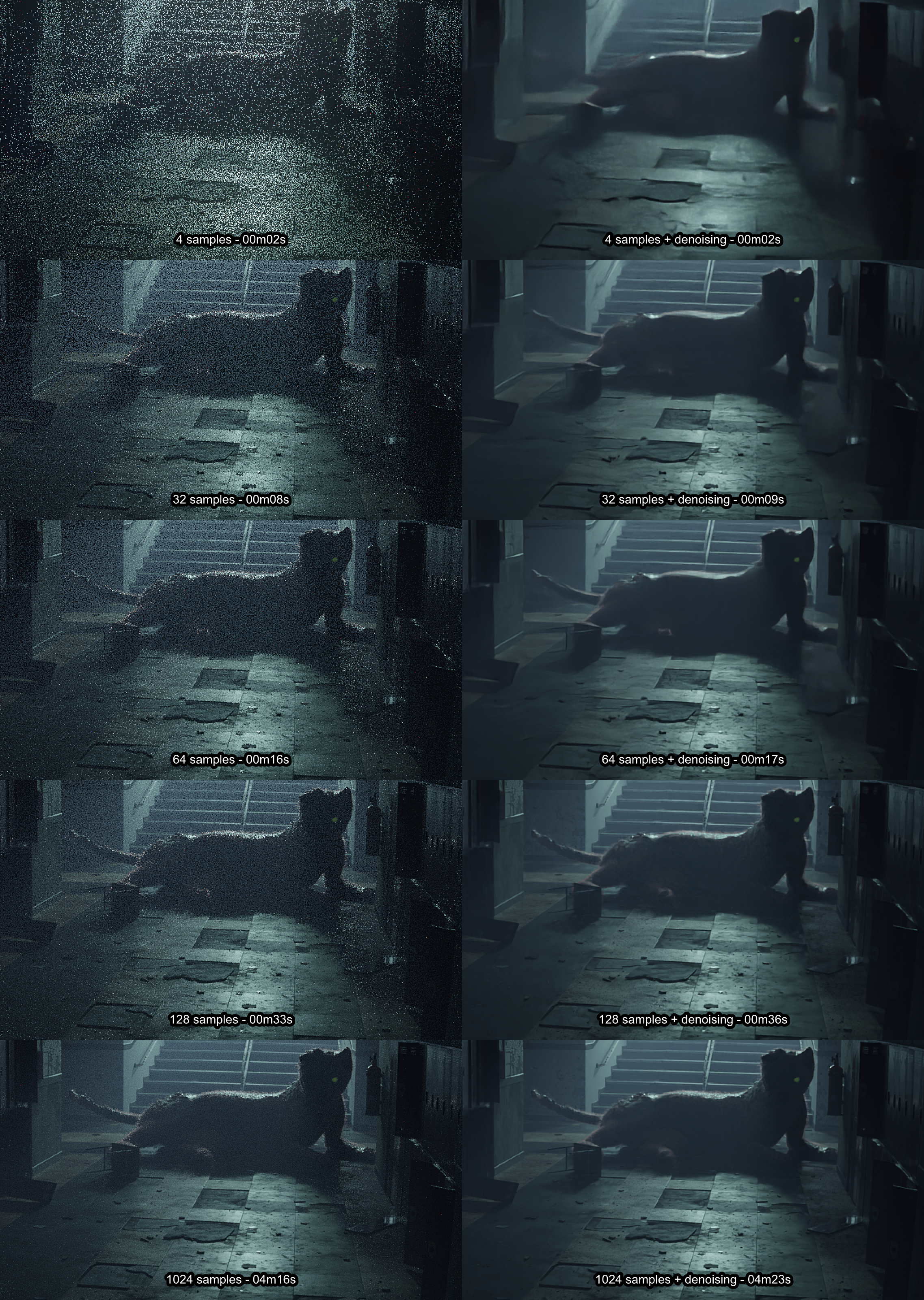A 10 part image showing different applications of path-tracing and denoising to create a cinematic horror scene.