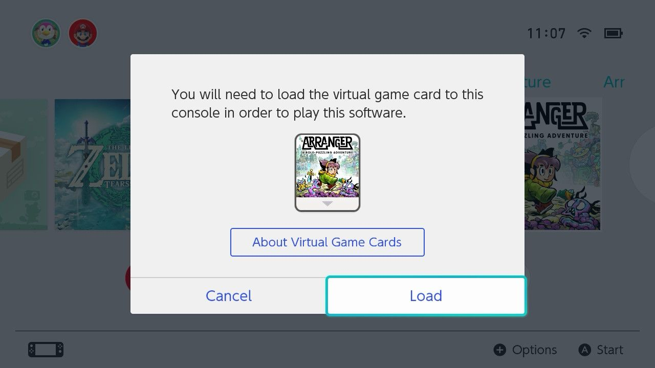 Switch Virtual Game Card warning screen.