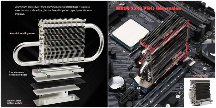 nvme heatsink shown with dimensions and broken into its constituent parts in a diptych