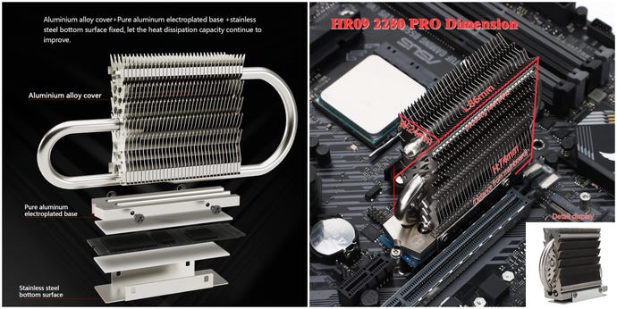 nvme heatsink shown with dimensions and broken into its constituent parts in a diptych
