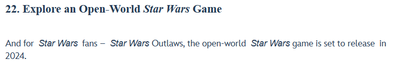 Screenshot from Disney Parks showing the new wording for Star Wars Outlaws release window.
