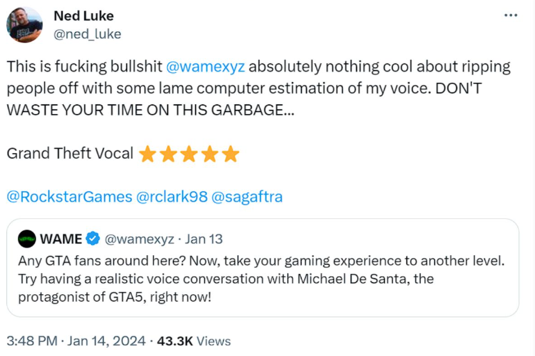 Actor Ned Luke response to WAME post promoting GTA AI chatbot