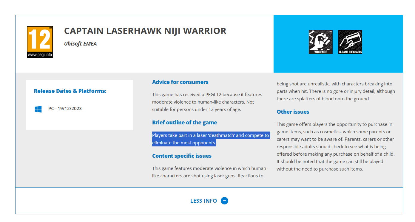 Screenshot of PEGI&rsquo;s Captain Laserhawk Niji Warrior listing