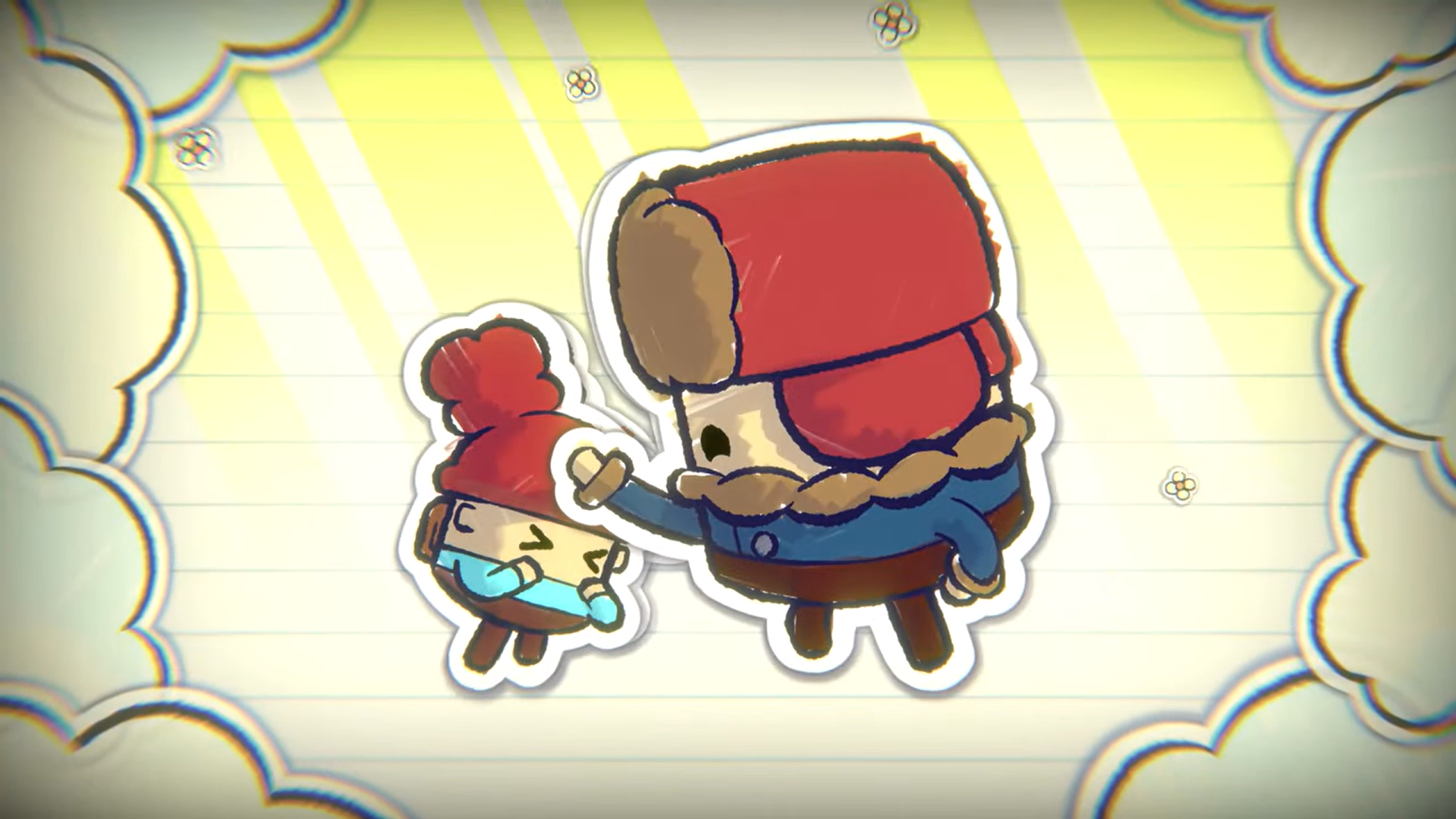 Screenshot from Pine Hearts trailer showing a cute and simplistic father and son in cosy outdoor clothing