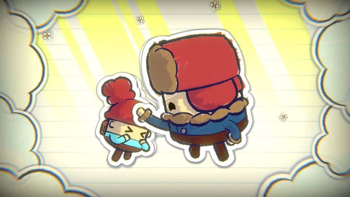 Screenshot from Pine Hearts trailer showing a cute and simplistic father and son in cosy outdoor clothing
