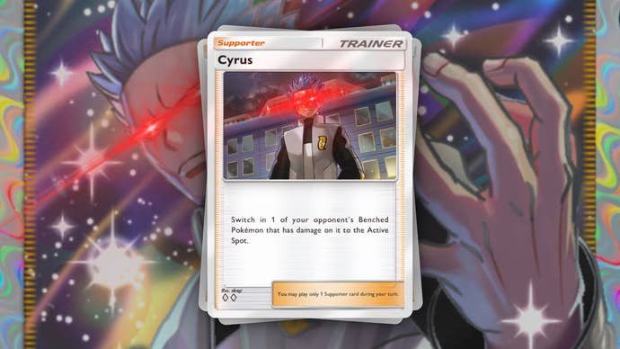Edited image of Cyrus from Pokémon TCG Pocket, showing the card with evil laser eyes against a background of his full-art holo card