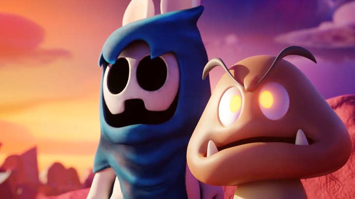 Mario + Rabbids Sparks of Hope cinematic trailer screenshot showing a Goomba with glowing eyes