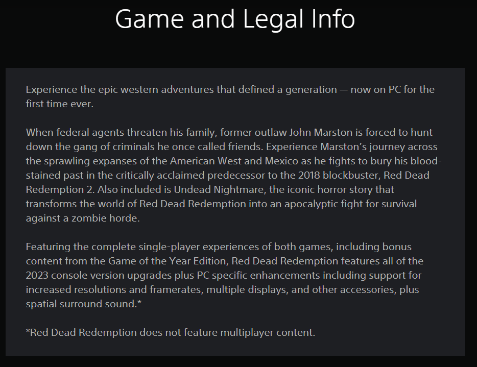 PlayStation Store page for Red Dead Redemption stating players can experience the game on PC &ldquo;now&rdquo;