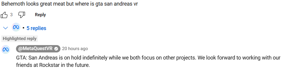 Screenshot of Meta&rsquo;s statement on YT, confirming GTA: San Andreas' VR port is on hold &ldquo;indefinitely&rdquo;
