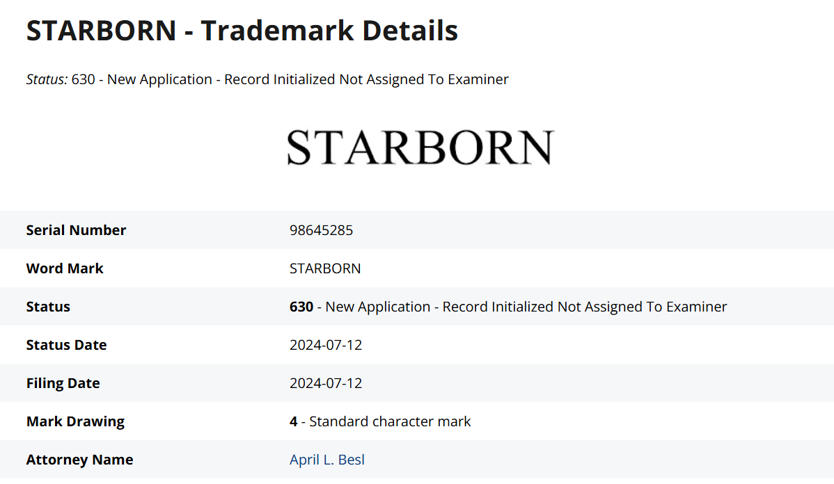 Starborn trademark