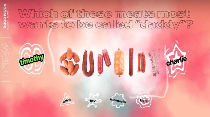 Screenshot from the Jackbox Naughty Pack showing a selection of sausage meats. Above the meat is text that reads: “Which of these meats most wants to be called daddy?"